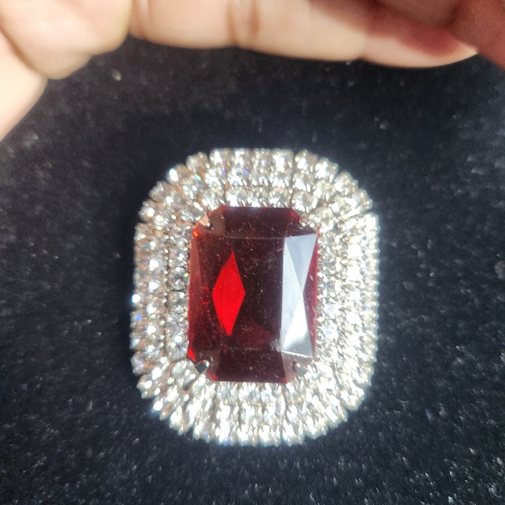 Eisenberg Ice Vintage Red Emerald Cut Rhinestone Halo Brooch Pin Silver Tone